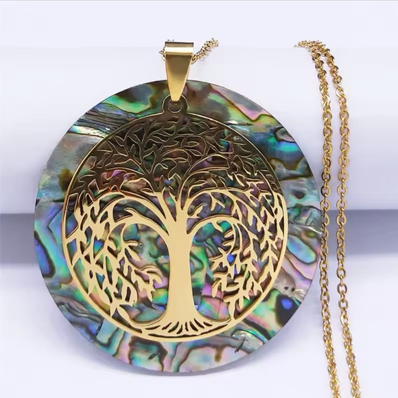 Tree of Life-Stainless Steel Natural Abalone Shell Necklace (Gold Color) - Picture 7 of 9